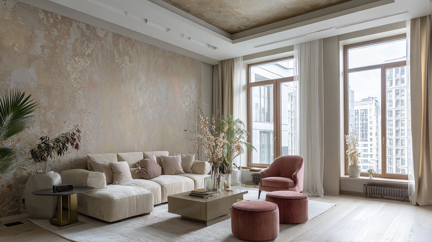 Как подобрать цвет декоративной штукатурки для гостиной.